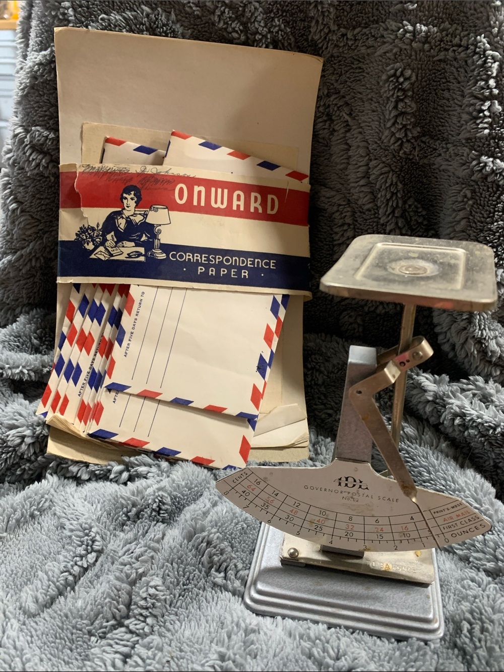 Onward Correspondence Paper with Vintage Postal Scale - Red, Blue, White
